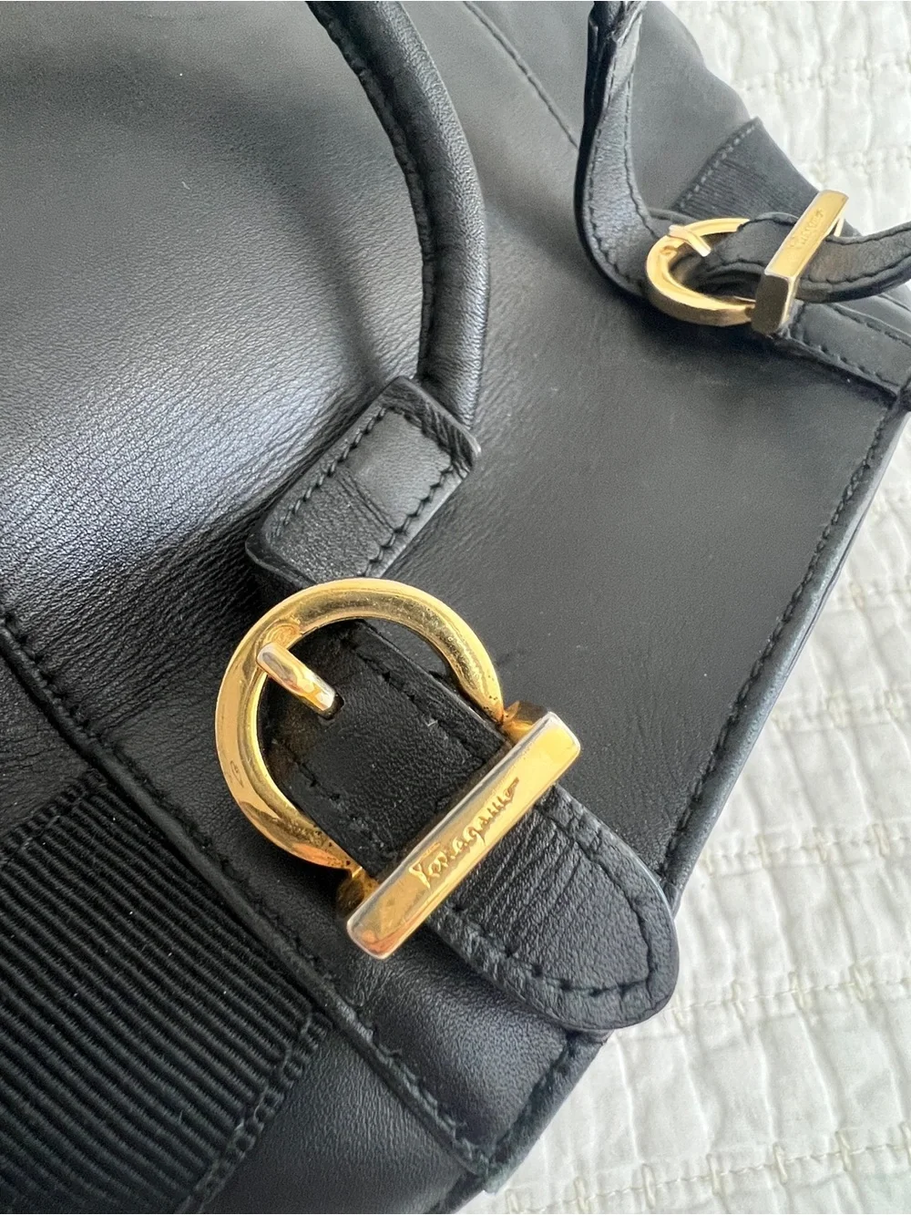 Vintage Salvatore Ferragamo Black Leather Drawstring Shoulder Bag - Picture 4 of 5